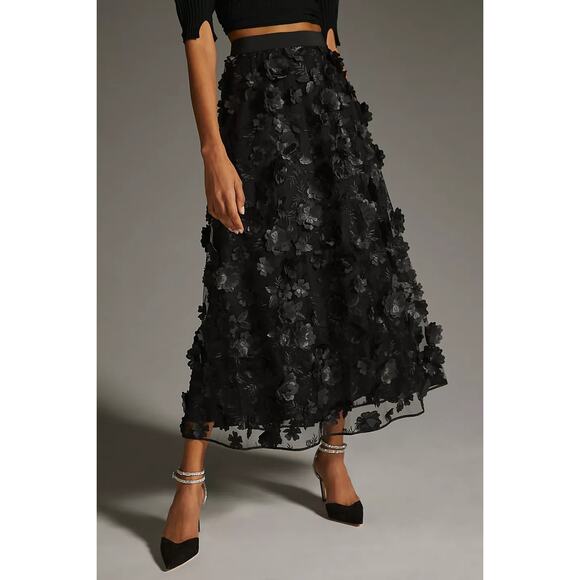 By Anthropologie Black Floral 3D Appliqué Maxi Skirt Size Medium